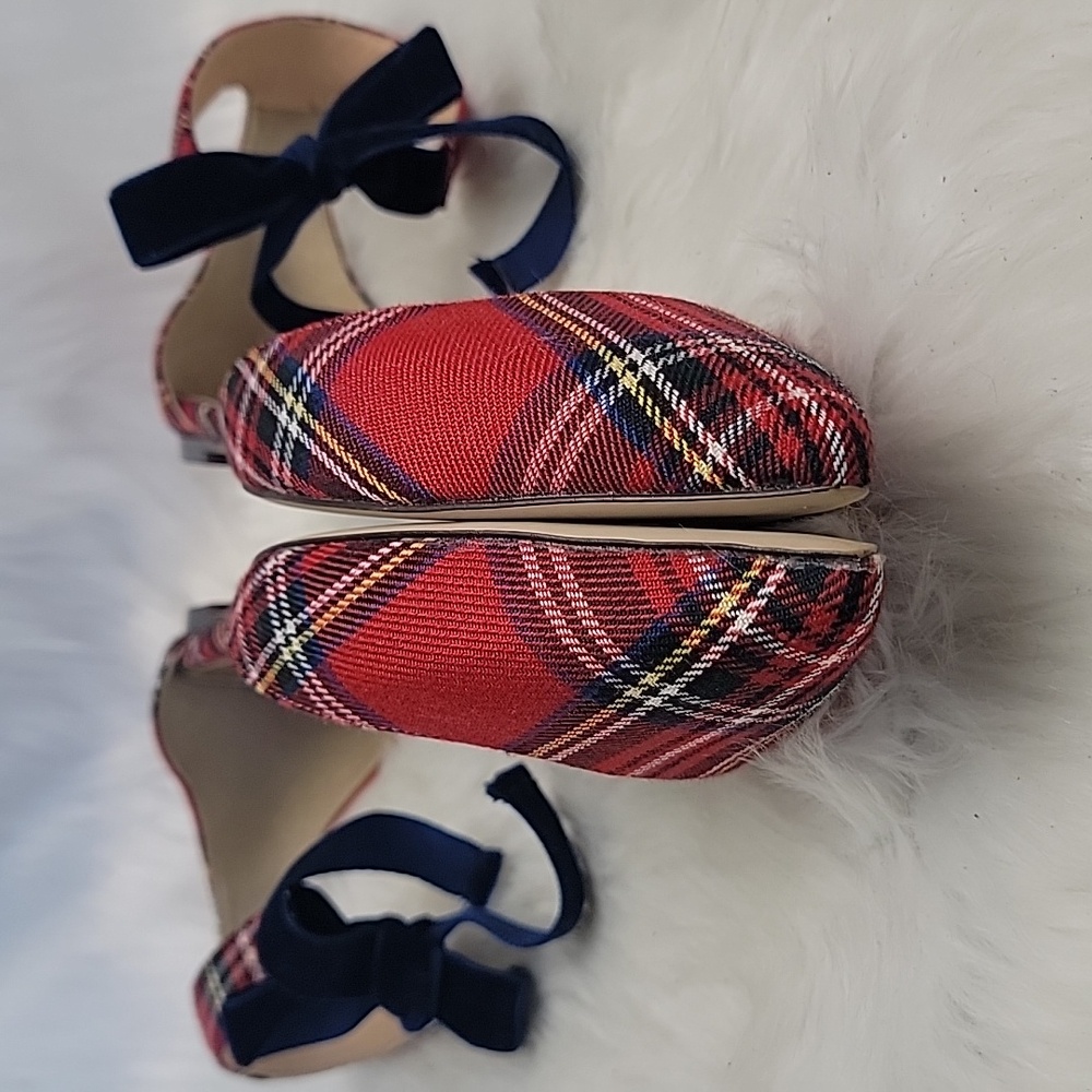 J.CREW Red Tartan Plaid d'Orsay Velvet Ankle Tie Festive Preppy Holiday Flat 7.5 - Picture 6 of 13